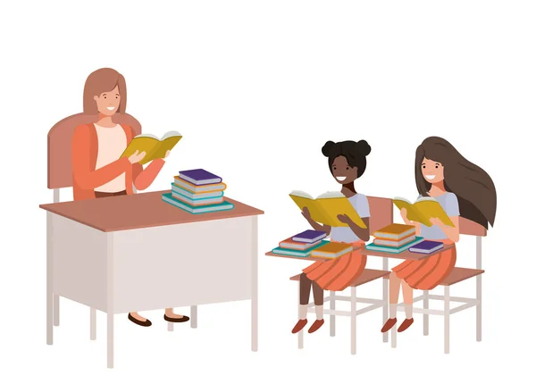 Female teacher reading in the classroom with students — Stock Vector