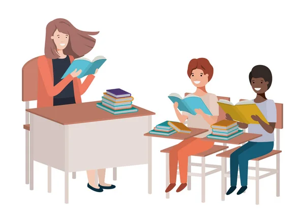 Vrouwelijke leraar lezen in de klas met studenten — Stockvector