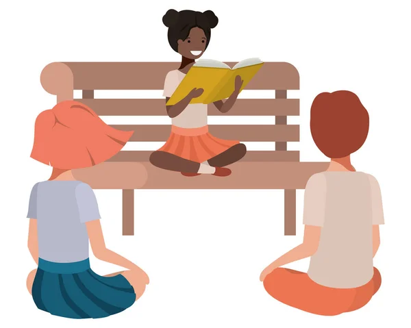 Unga etnicitet studenter sitter läsebok — Stock vektor