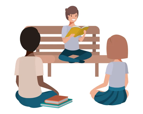Mladí etničtí studenti sedí a čtou knihy — Stockový vektor