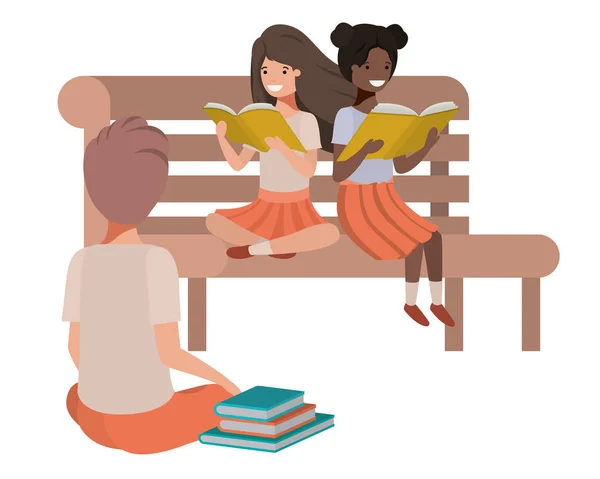 Молодые студенты, сидящие за чтением книги — стоковый вектор