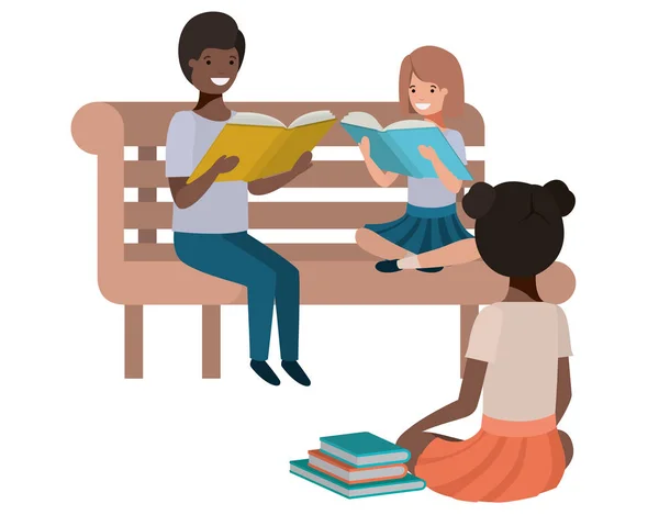 Μαθητές νεαρής εθνικότητας που κάθονται διαβάζοντας βιβλίο — Διανυσματικό Αρχείο