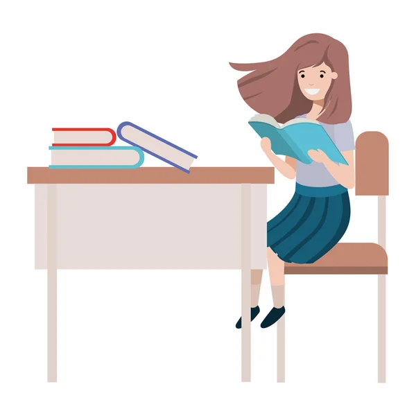 Young student girl sitting in school desk — Stock Vector