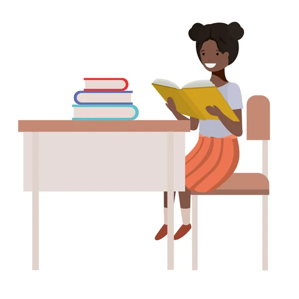 Молодая студентка черная девушка сидит в школьном столе — стоковый вектор