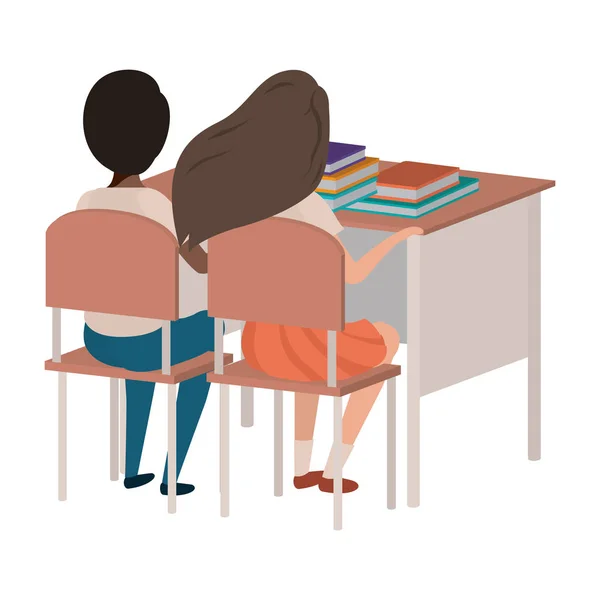 Jóvenes estudiantes sentados en el escritorio de la escuela — Vector de stock