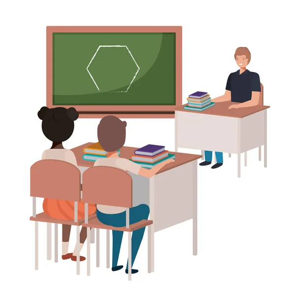 Teacher in classroom with students avatar character — Stock Vector