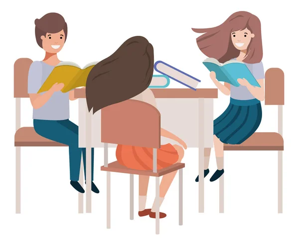 Group students sitting in school desk avatar character — Stock Vector