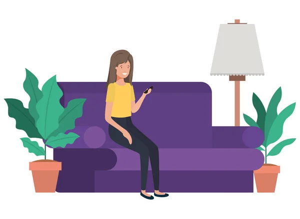 Woman sitting in couch with smartphone avatar character — Stock Vector