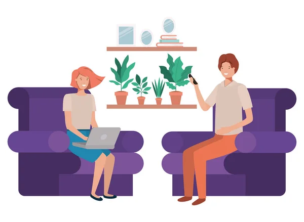 Paar sitzt mit Laptop im Wohnzimmer — Stockvektor