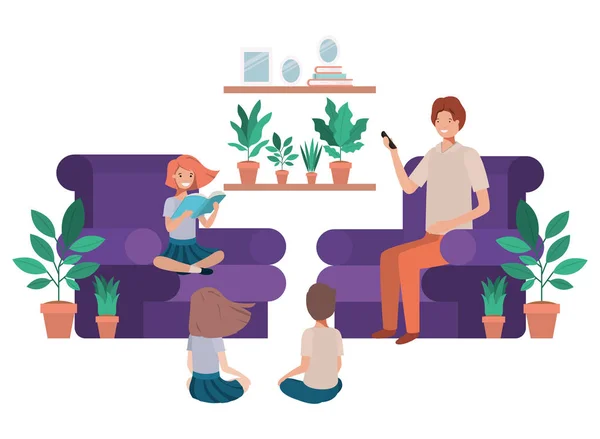 Homme avec enfants dans le salon avatar personnage — Image vectorielle