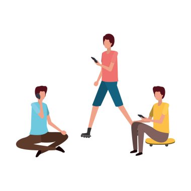 Smartphone avatar karakter ile oturan adam