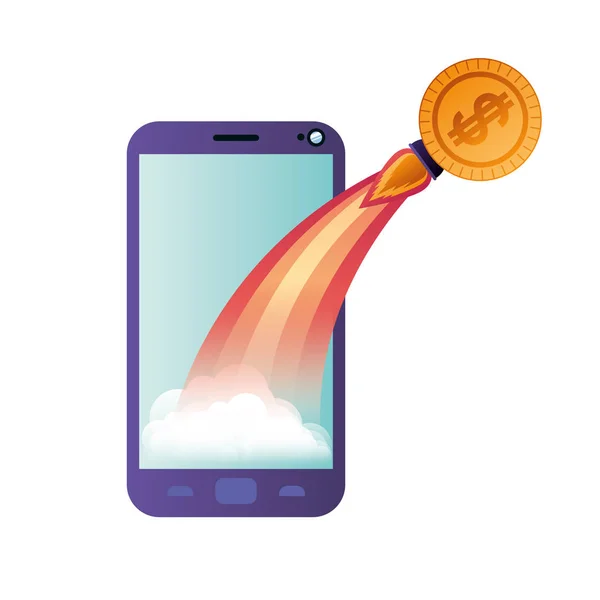 Smartphone screen with flying rocket isolated icon — 스톡 벡터