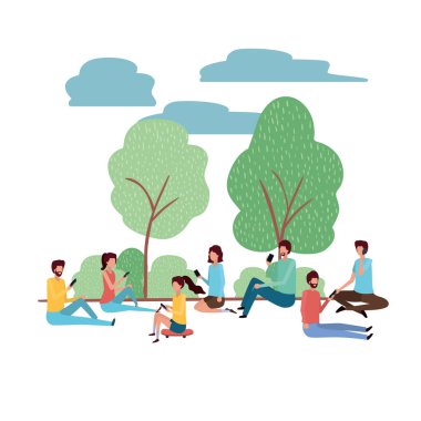 smartphone içinde peyzaj karakter vektör illustraon birlikte grup insan tasarımı