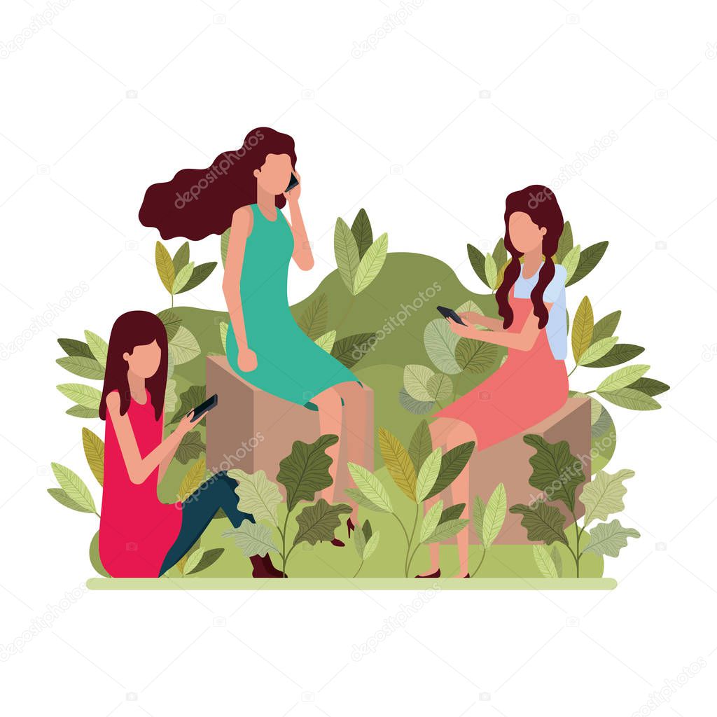 women sitng with smartphone in landscape character