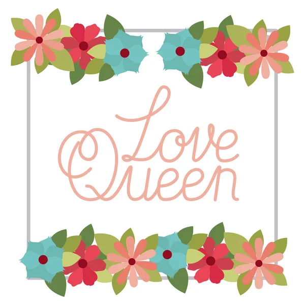 Love queen label with flower frame isolated icon — ストックベクタ