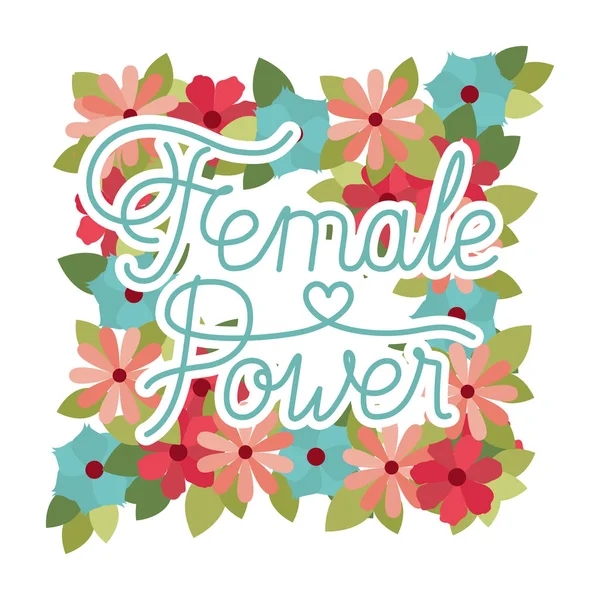 Female power label with flower frame isolated icon — Stock vektor