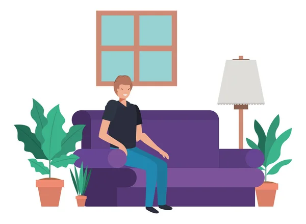 Mladý muž v obývacím pokoji avatar znaků — Stockový vektor