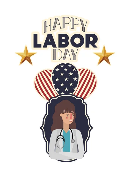 Mujer médico celebrando el día del trabajo avatar carácter — Vector de stock