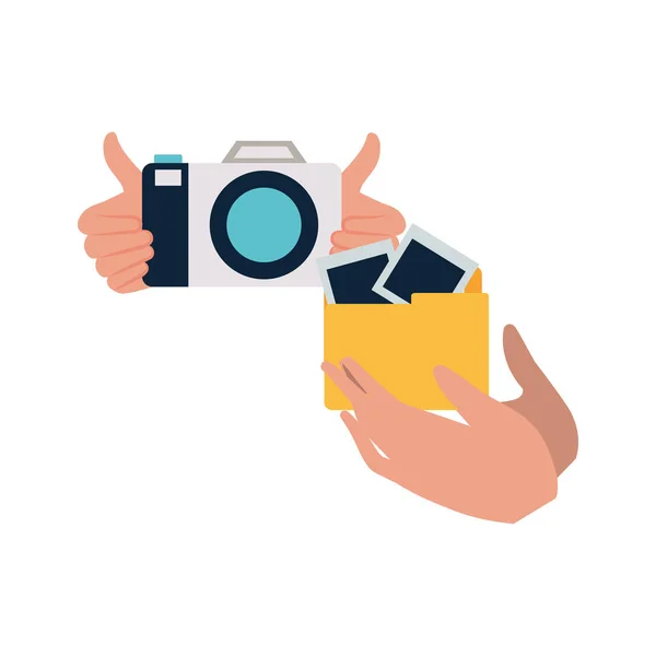 Handen met fotografie objecten geïsoleerd pictogram — Stockvector