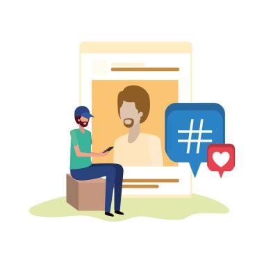 person sitting with social network profile avatar character