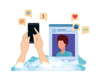 smarthphone ve sosyal ağ profili avatar karakter ile el