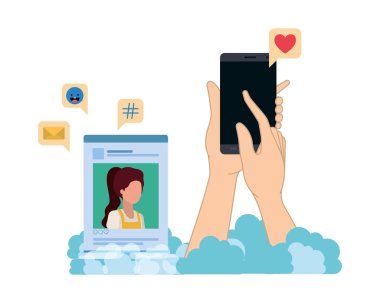 smarthphone ve sosyal ağ profili avatar karakter ile el