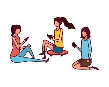 Smartphone avatar karakter ile oturan kadın