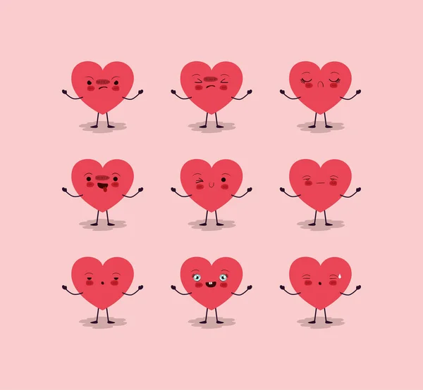 Group of female hearts love kawaii characters — Stock Vector