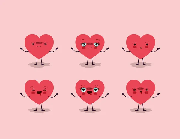 Grupp av kvinnliga hjärtan kärlek kawaii tecken — Stock vektor