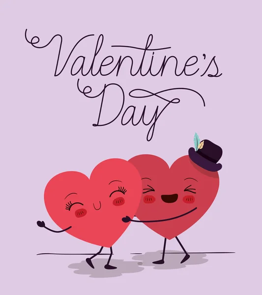 Coeurs amour couple kawaii personnages — Image vectorielle