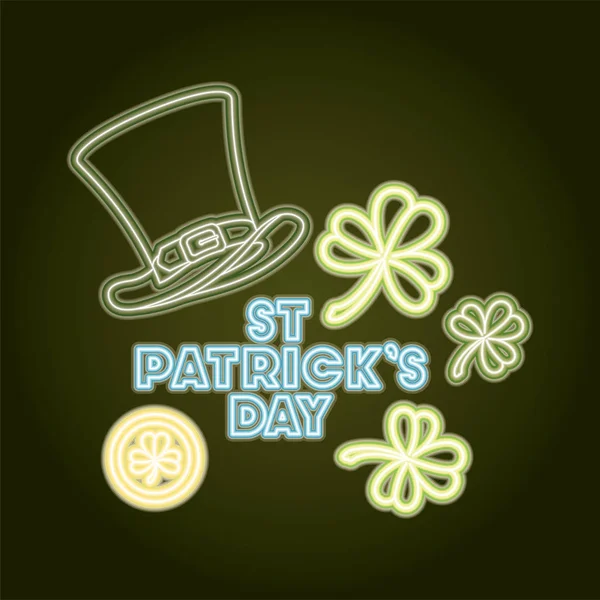 St patricks jour néon étiquette avec chapeau lemprechaun — Image vectorielle