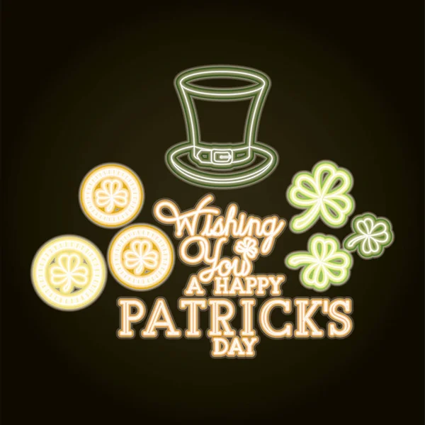 St patricks day neon etikett med hatt lemprechaun — Stock vektor