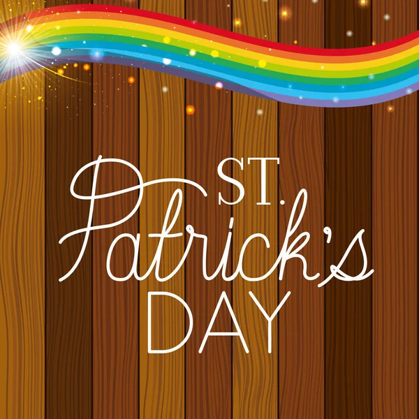 Saint patricks étiquette de jour avec arc-en-ciel et fond en bois — Image vectorielle