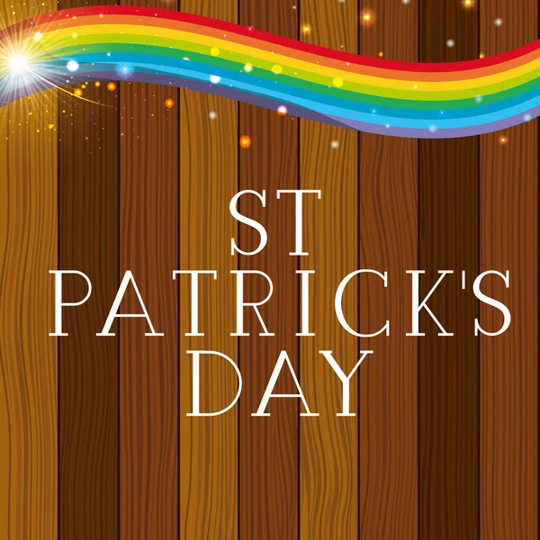 Saint patricks dzień etykieta z rainbow i drewniane tła — Wektor stockowy