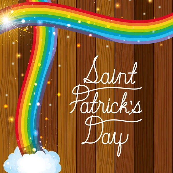 Saint patricks dzień etykieta z rainbow i drewniane tła — Wektor stockowy