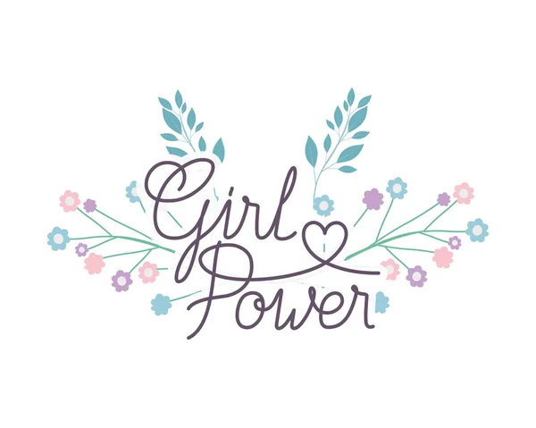 Girl power label dengan ikon bunga terisolasi - Stok Vektor