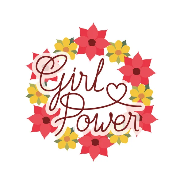 Girl Power Label mit Krone aus Blumen isoliert Ikone — Stockvektor