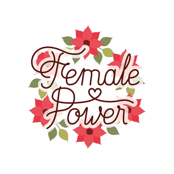 Female power label with crown of flowers isolated icon — Stock Vector