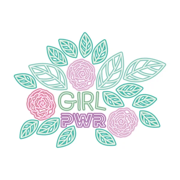 Girl power label dengan mawar ikon terisolasi - Stok Vektor