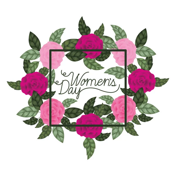 Womens day with roses frame isolated icon — Stock Vector