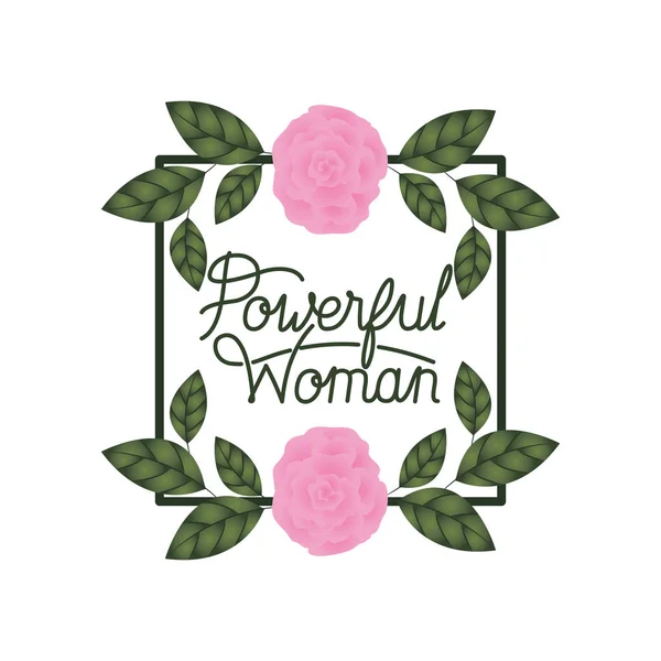 Etiqueta mulher poderosa com ícones de moldura de rosas —  Vetores de Stock