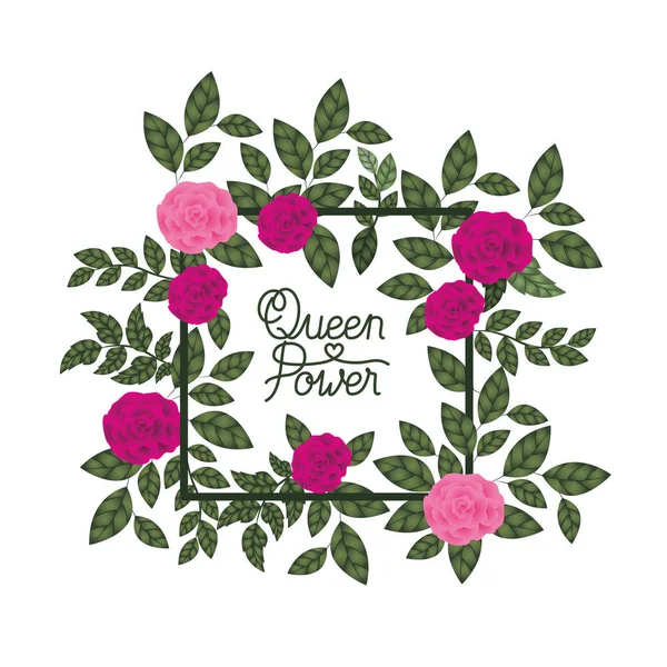 Queen power label with roses frame icons — стоковый вектор