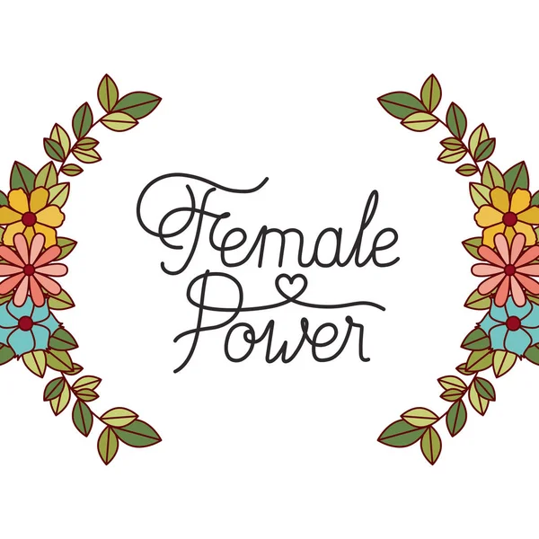 Female power label with flowers frame icons — Stock Vector