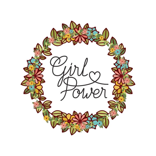 Gadis power label dengan bunga bingkai ikon - Stok Vektor