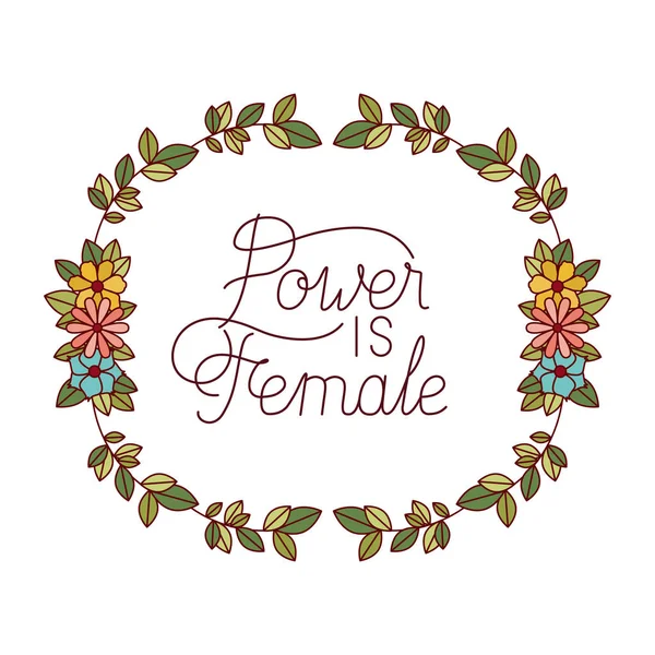 Potere è etichetta femminile con icone cornice fiori — Vettoriale Stock
