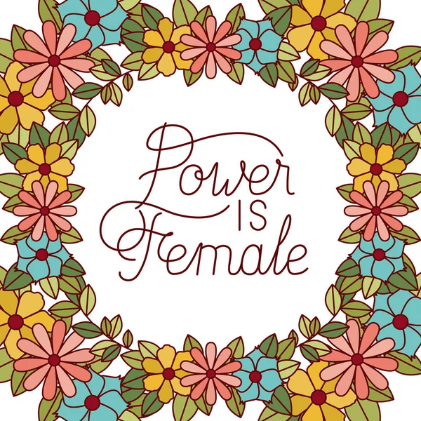 Macht is een vrouwelijk label met bloemen kaderpictogrammen — Stockvector