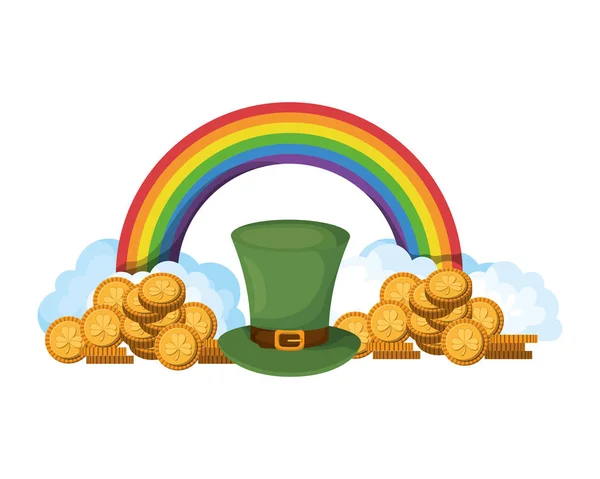 Sombrero de duende con monedas e iconos de arco iris — Vector de stock