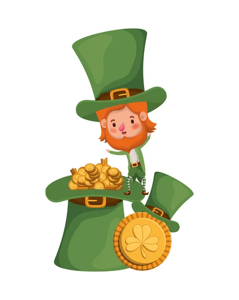 Leprechaun with coins and hat isolated icon — Stock Vector
