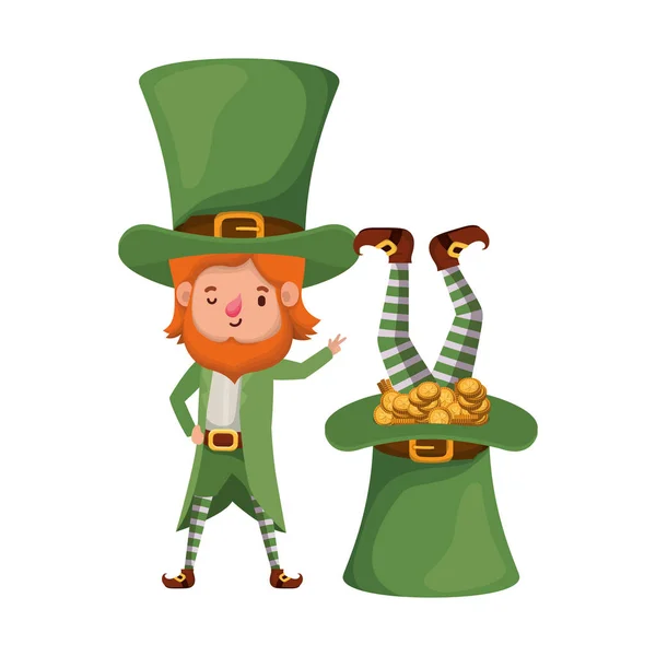 Leprechauns with coins and hat isolated icon — Stock Vector