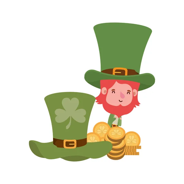 Leprechaun with coins and hat isolated icon — Stock Vector